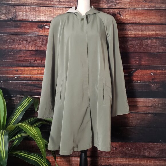 American Bazaar Vintage Coat Jacket L Long Hooded Belted Olive Green Pockets - Picture 3 of 13